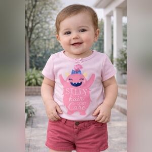 M4)  Baby Girl Pink Graphic Tee “Silly Hair Don’t Care” 6 Months